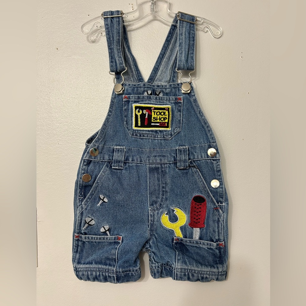 Blue Embroidered Tool Kit Short Overalls. Fits Sizes 9m to about 18m